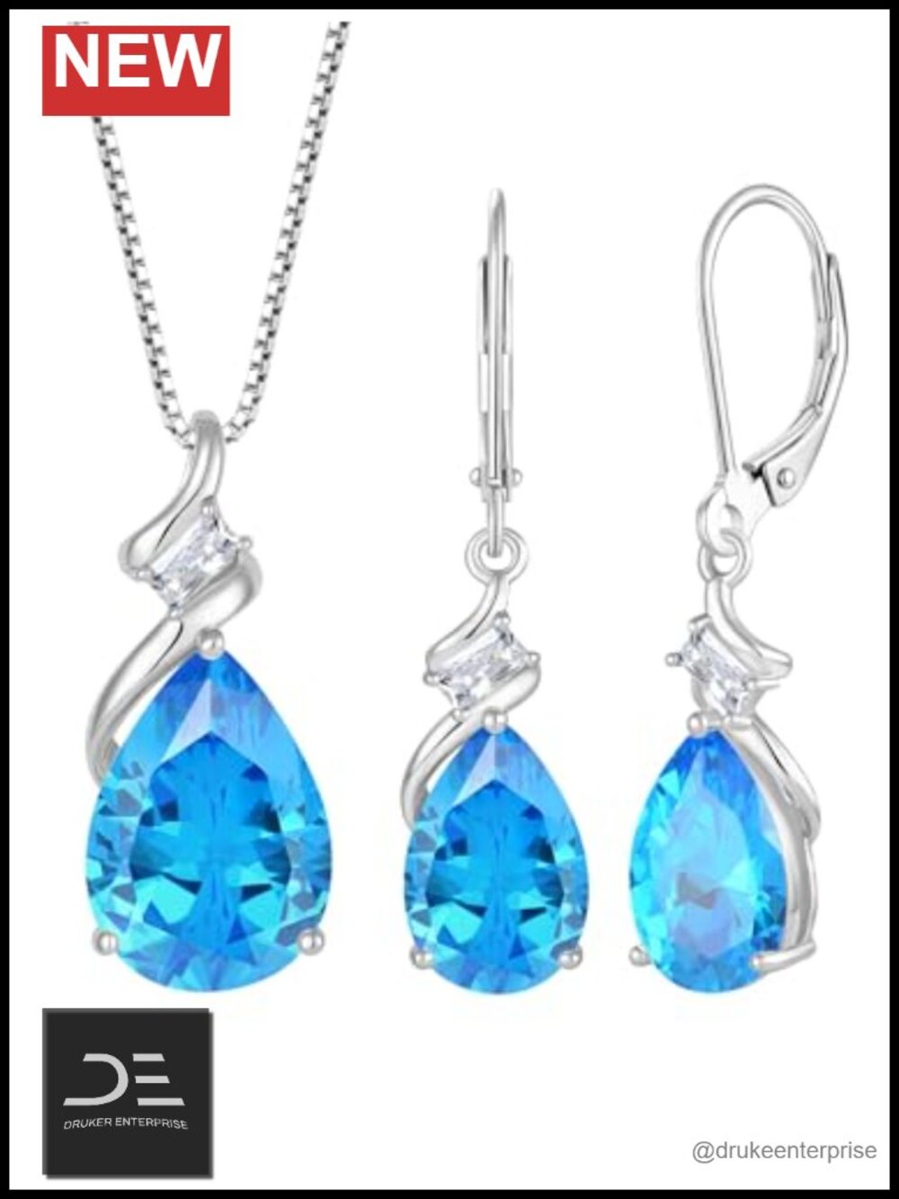 925 Sterling Silver March Birthstone Jewelry Set Teardrop Necklace Earrings